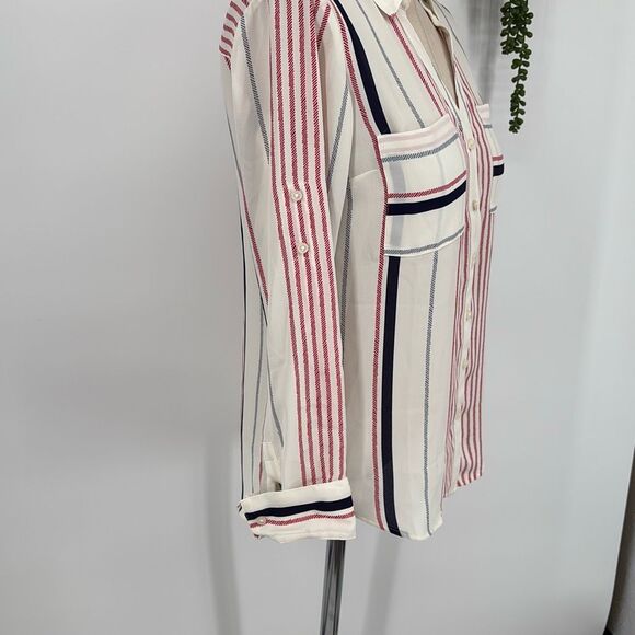 Express Women's Fortofino Shirt Slim Fit Long Roll Tab Sleeve Cream multi Stripe - Picture 8 of 14